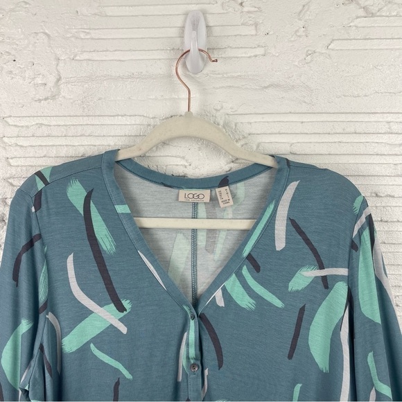 LOGO by Lori Goldstein Button Front Knit Cardigan Tunic Teal Abstract Print M - Picture 2 of 16